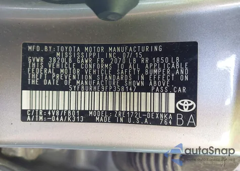2015 Toyota Corolla Le Plus from USA, damaged, VIN 5YFBURHE9FP358147